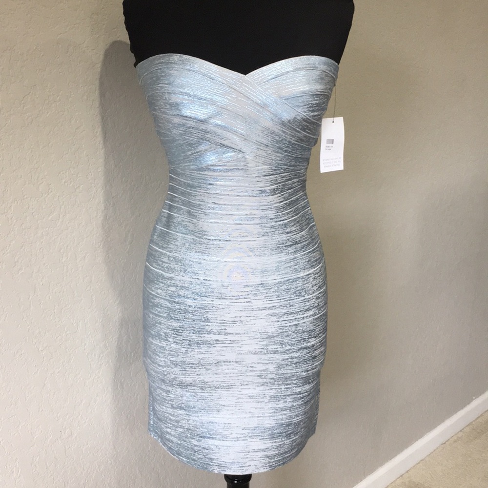Herve Leger Metallic Blue Strapless Dress